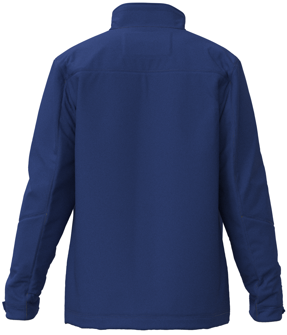 The back of a blue jacket with long sleeves