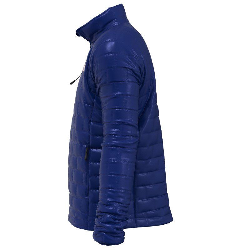 A blue jacket is shown from the side on a white background