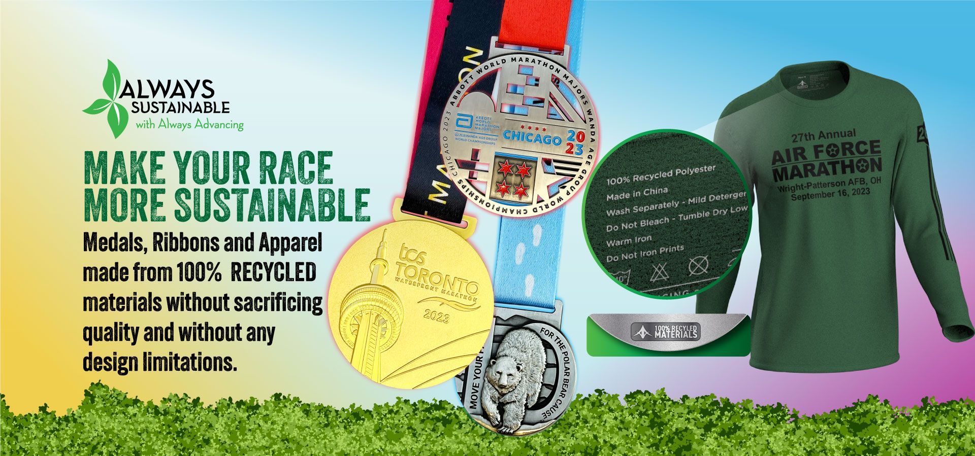 An advertisement for medals and apparel made from recycled materials that says make your race more sustainable