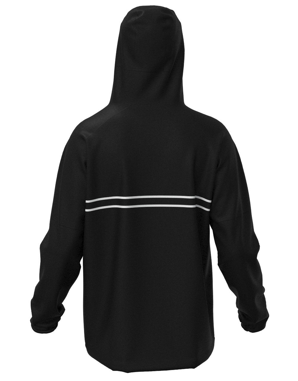 The back of a black hoodie with a white stripe on the side