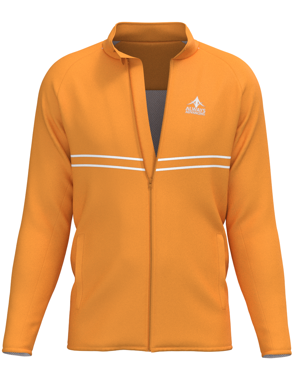 An orange jacket with white stripes on the sleeves