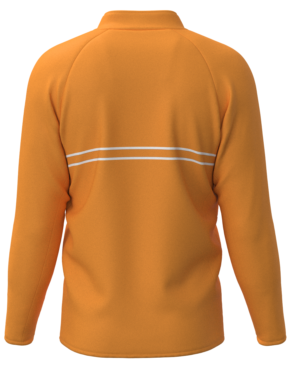 The back of an orange shirt with a white stripe on the back