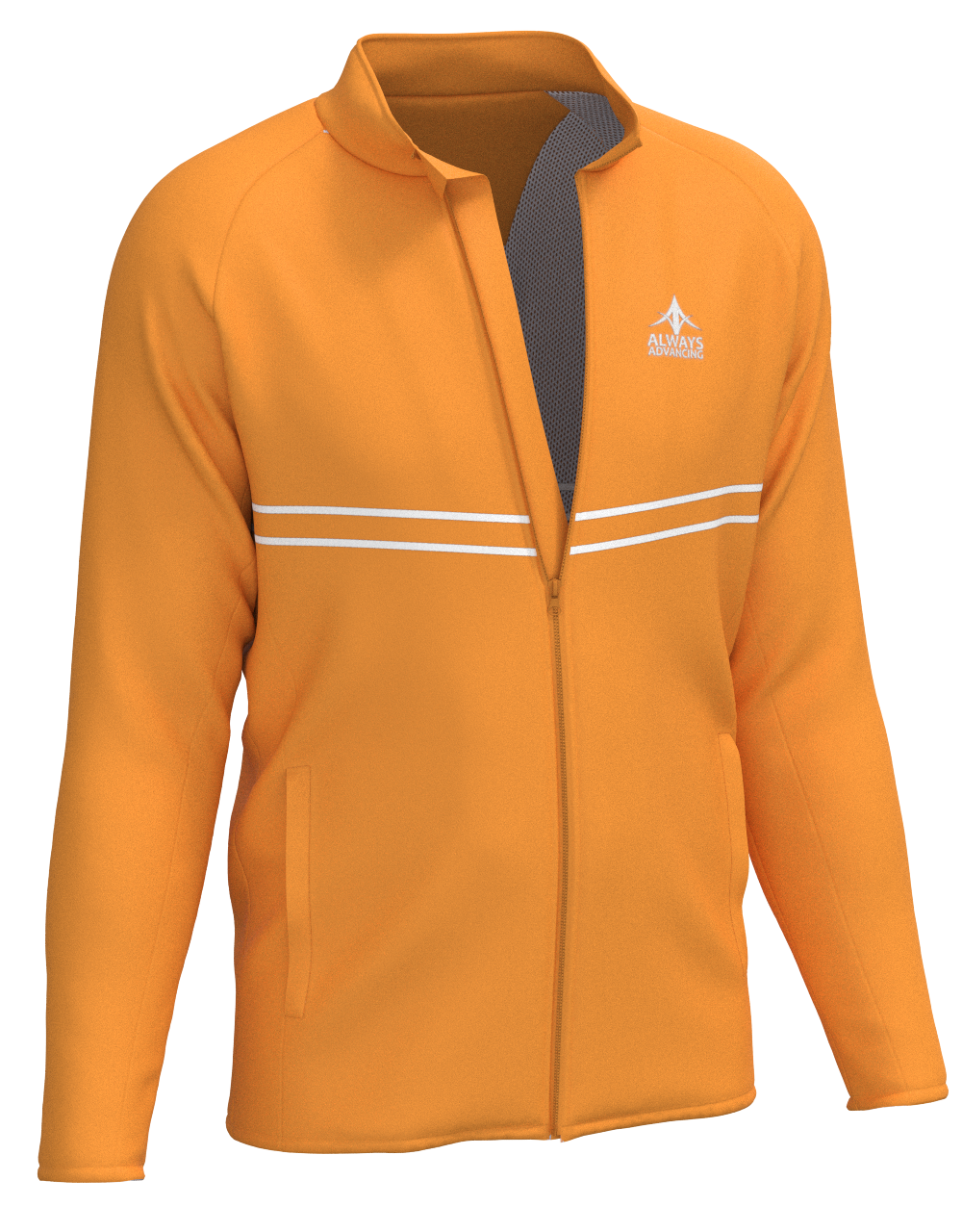 An orange jacket with a white stripe on the side