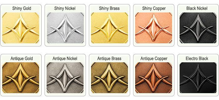Image showing the available metal finishes for the coins. Shiny gold, shiny nickel, shiny brass, shiny copper, black nickel, antique gold, antique nickel, antique brass, antique copper, electro black.