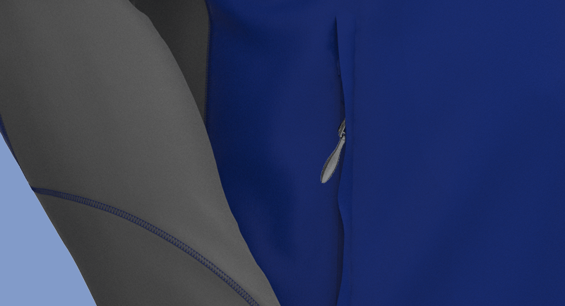 A close up of a blue jacket with a zipper on the side.