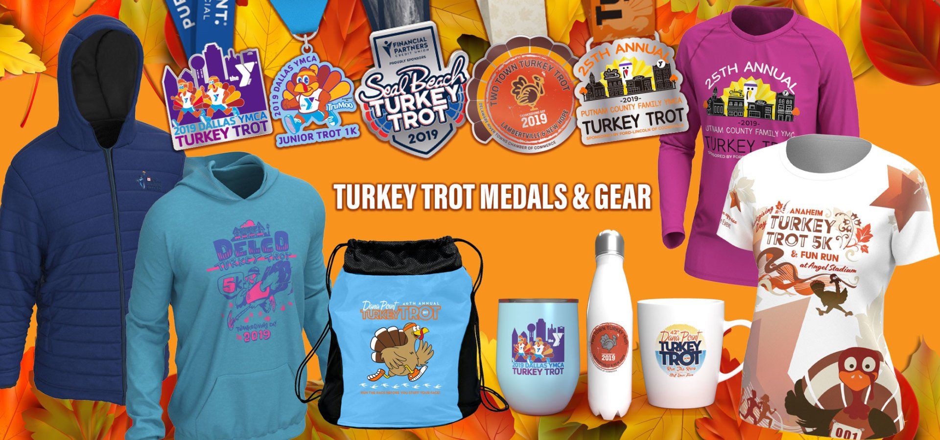 A variety of turkey trot medals and gear are displayed on a table.