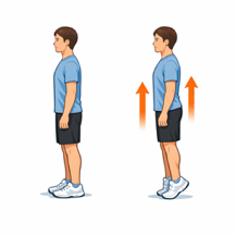 Person performing a calf raise exercise. The person lifts heels off the ground, standing on tiptoes.