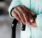 Hand resting on a black cane, wearing a gold ring; person in a mint green sweater.