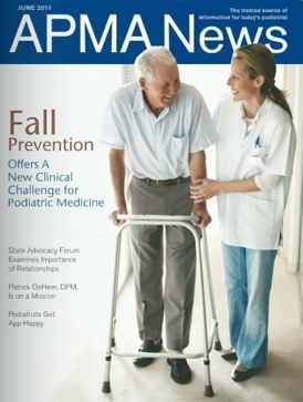 APMA News cover. A podiatric doctor assists an older patient using a walker.
