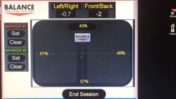 Balance tracking system display showing weight distribution percentages on a platform: 51%, 43%, 40%, 57%.