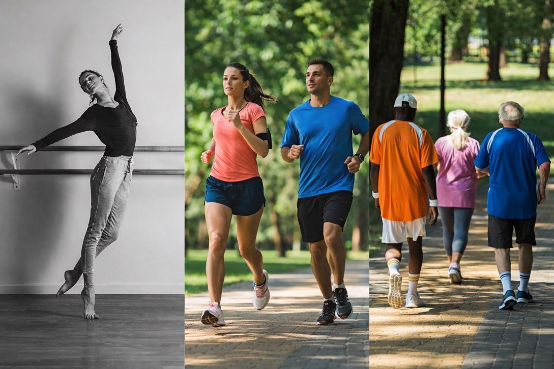 Ballet dancer, two runners, and people walking in a park, representing different exercises.