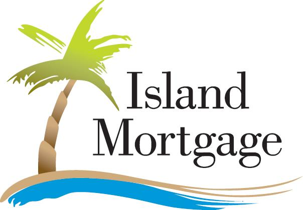 A logo for island mortgage with a palm tree and waves