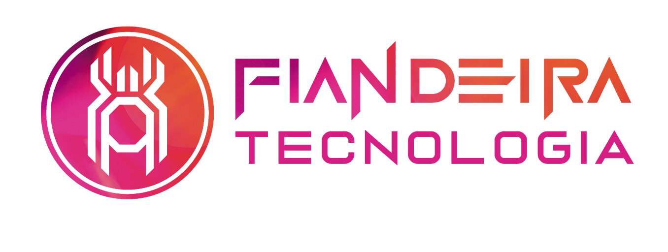 Logotipo da FIANDEIRA TECNOLOGIA em rosa e vermelho com um ícone abstrato circular sobre fundo branco.