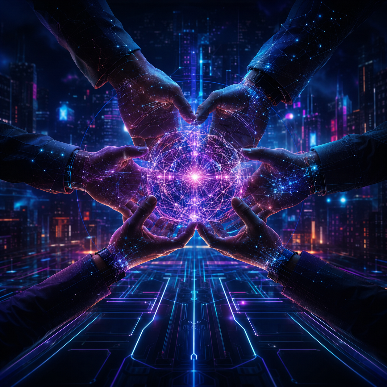 Mãos se unem em torno de uma esfera digital roxa brilhante em um túnel neon futurista.