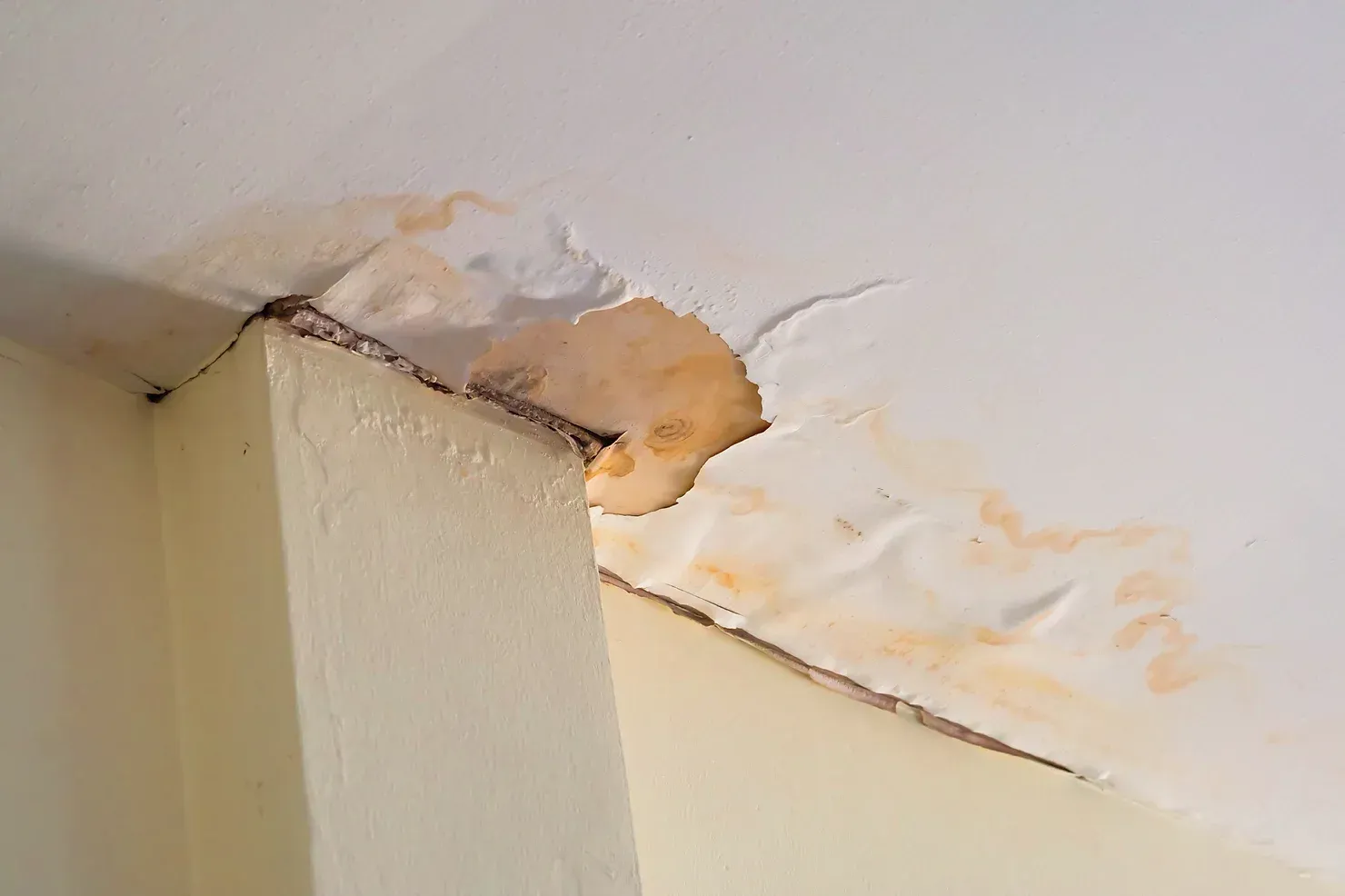 Water-stained ceiling and drywall damage caused by a leaking roof inside a home