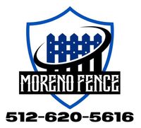 Logo for Moreno Fence featuring a blue shield, fence graphic, and phone number.