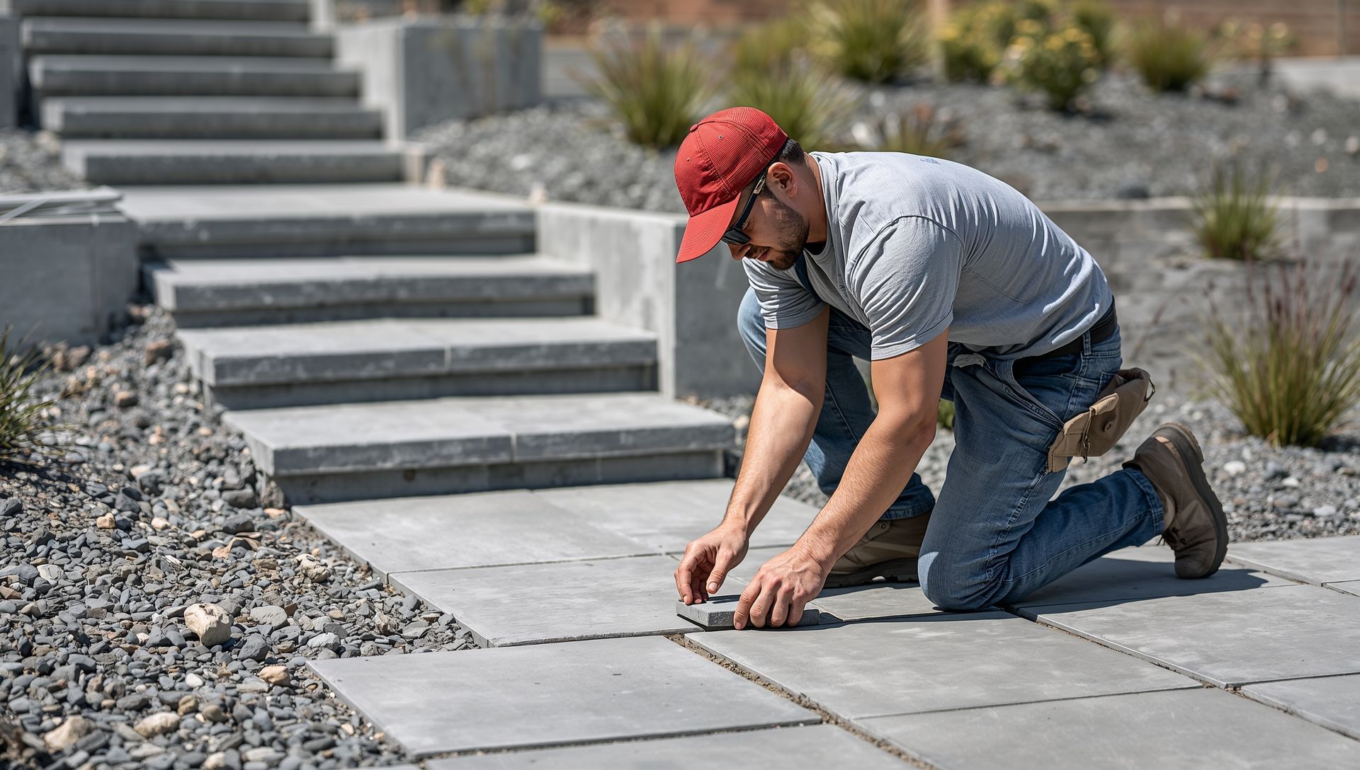 Paving contractor installing concrete pavers for a residential walkway.