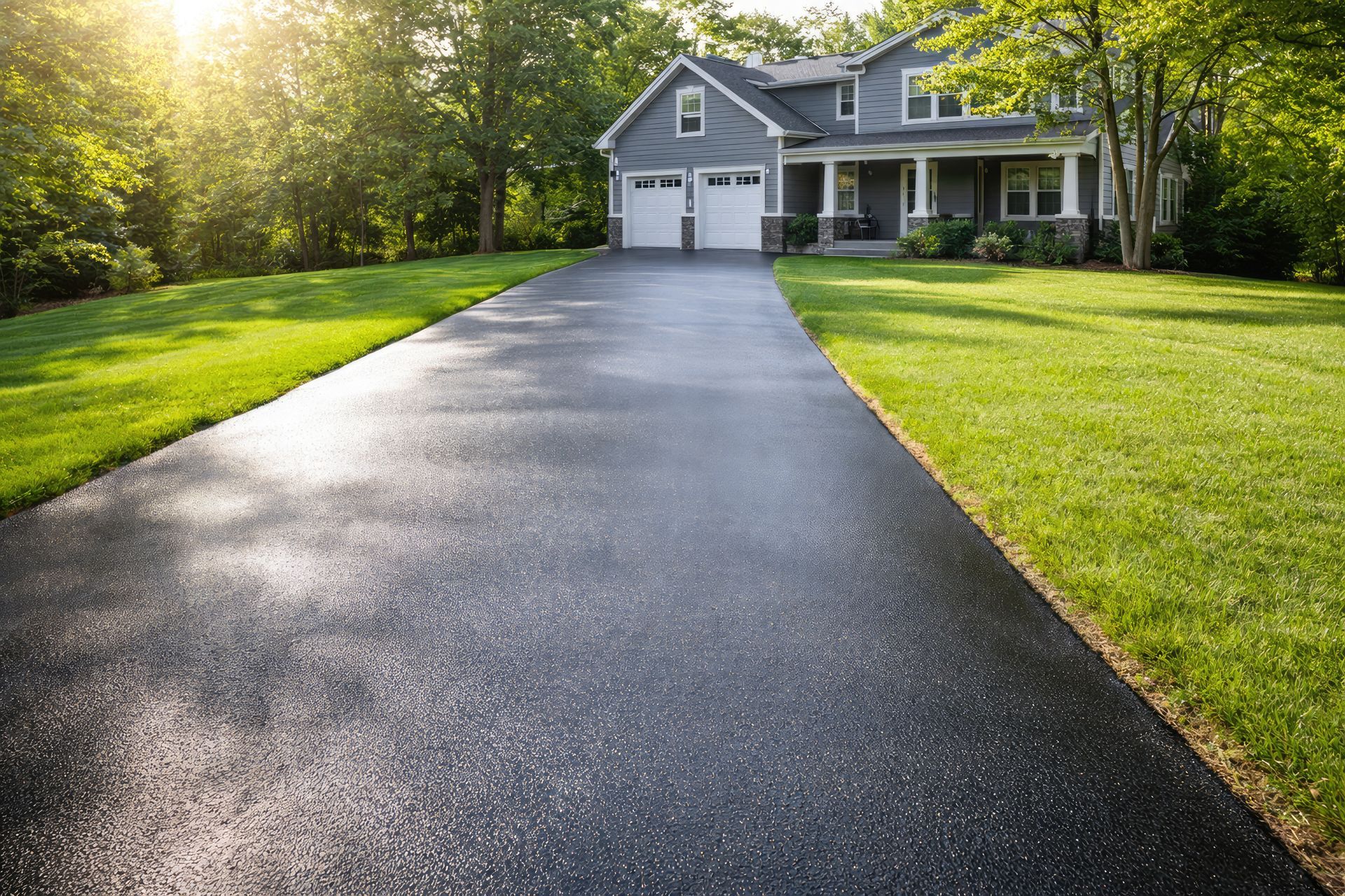 Newly paved asphalt driveway leading to a modern suburban house with a green lawn.