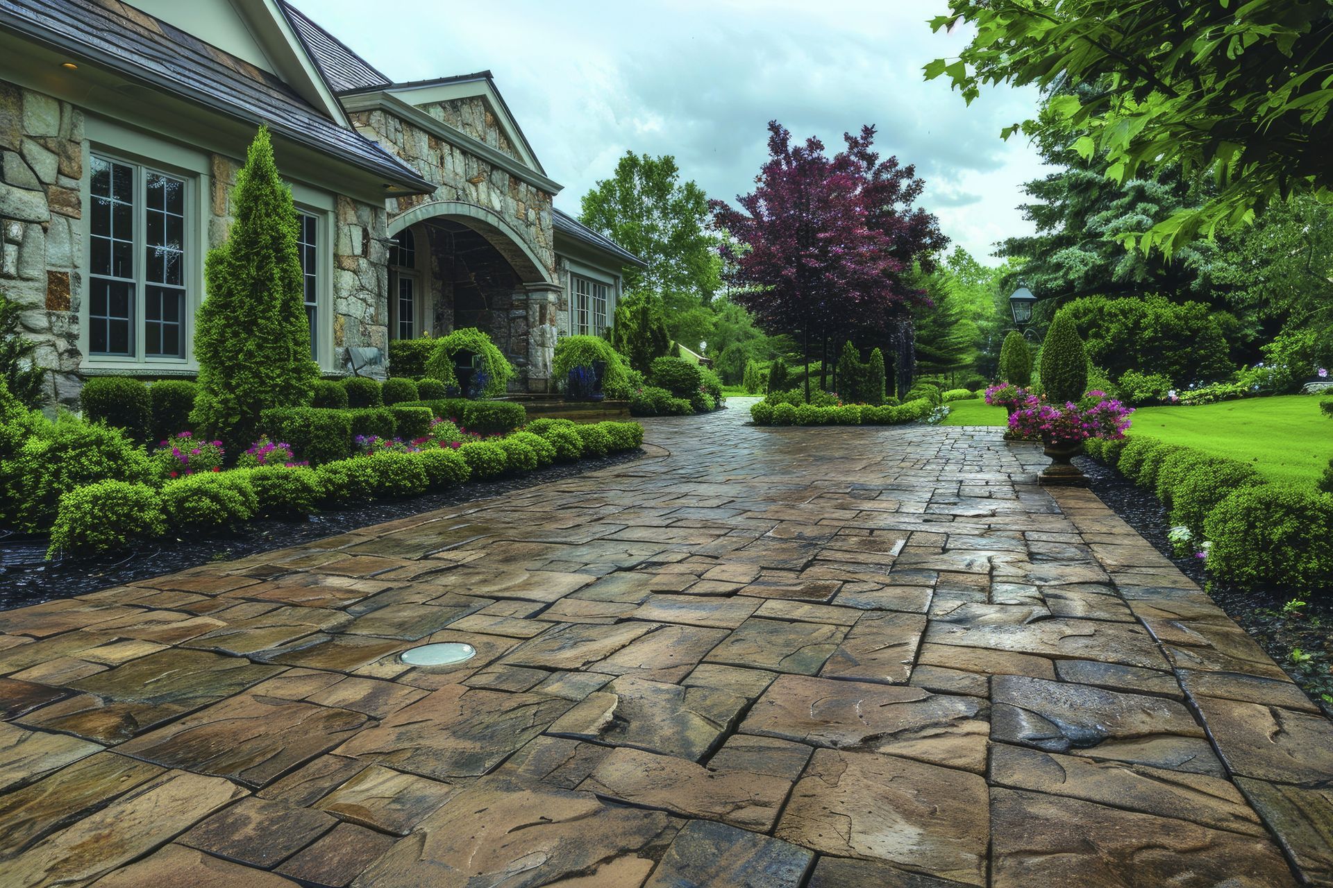 Paving patterns for driveways using durable materials.