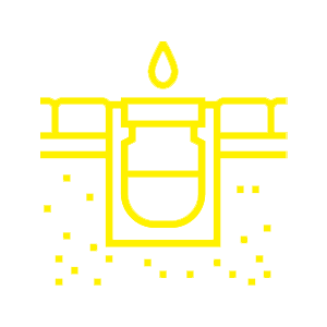 A yellow line icon of a candle with a drop of water on it.