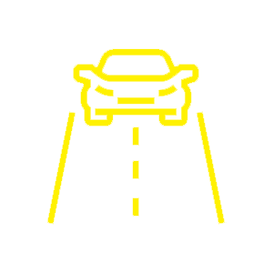 A yellow line drawing of a car driving down a road.