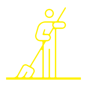A yellow line drawing of a man holding a broom and a shovel.
