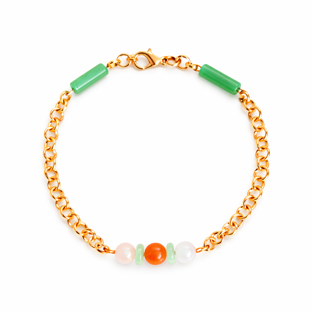 Jasseron armband rvs goldplated met carneool, groene aventurijn en maansteen op witte achtergrond