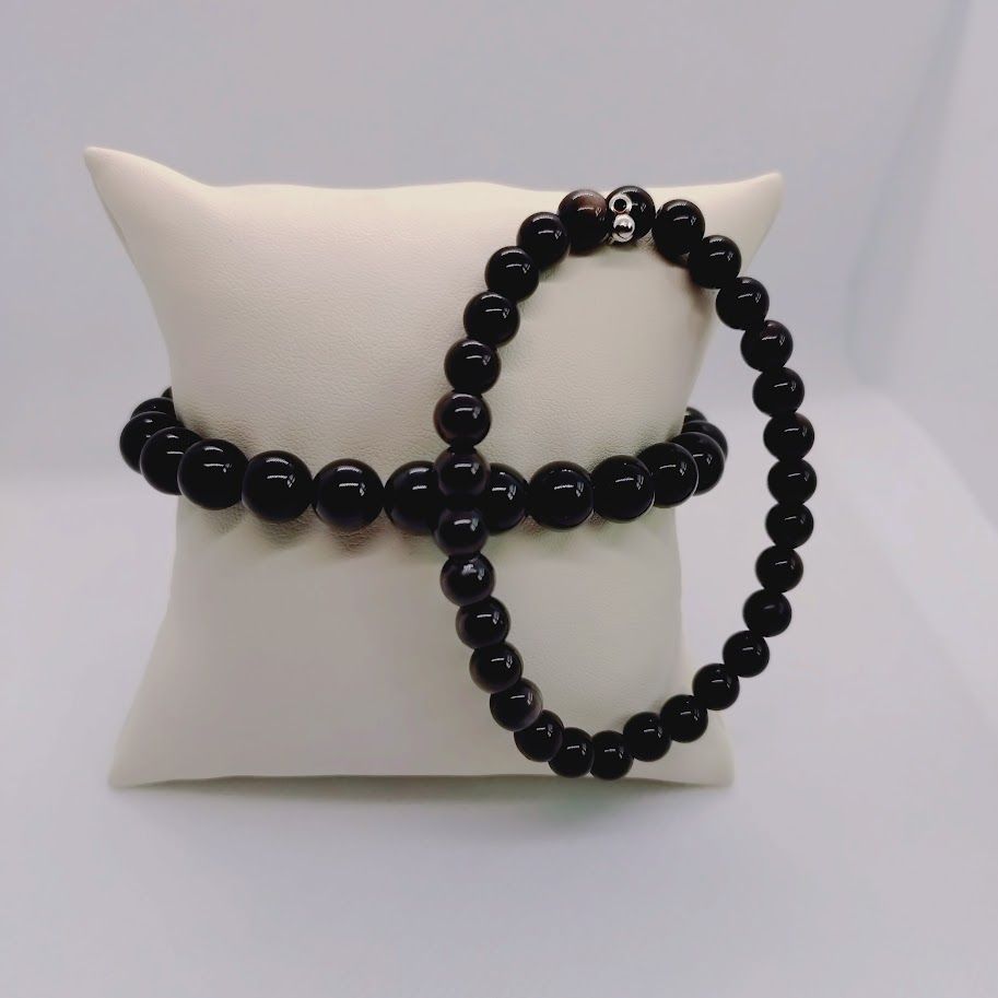 His&hers edelsteenkralen armbandenset geregen op elastiek  van obsidiaan.