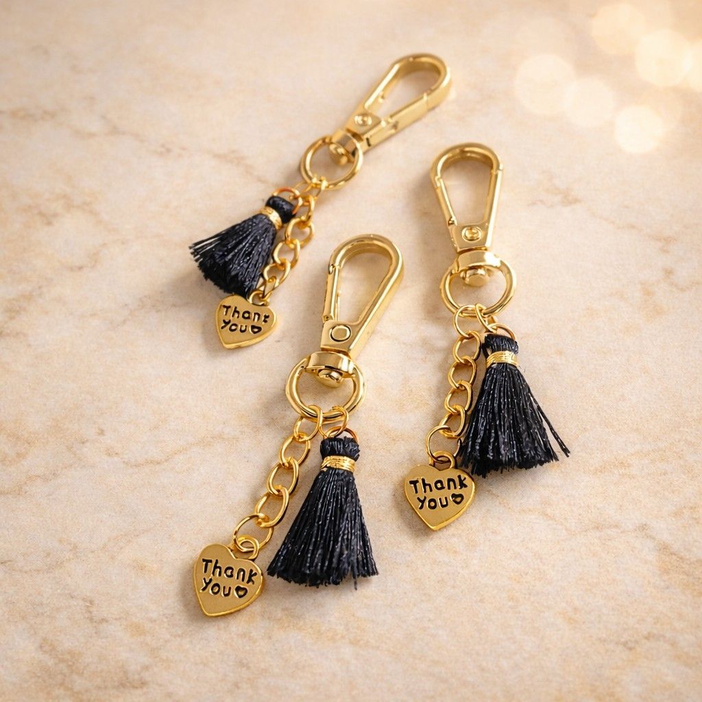 Sleutelhanger met zwart kwastje en hartje met tekst “thank you”