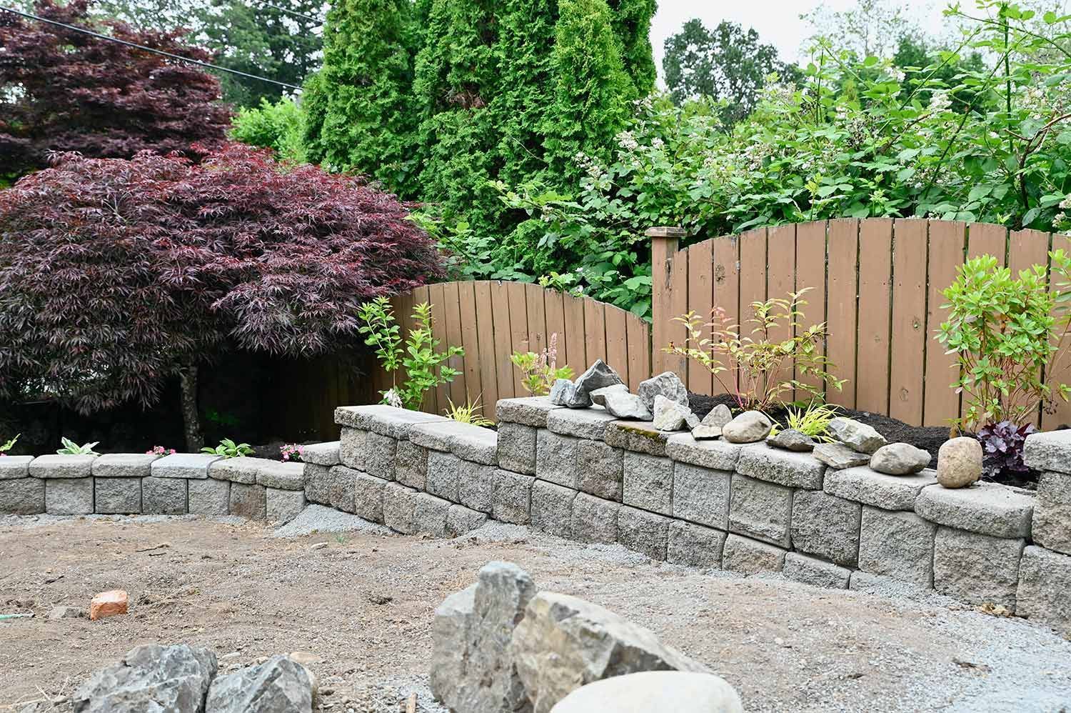 Constructed retaining wall in garden