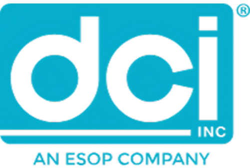 A blue and white logo for dci inc an esop company