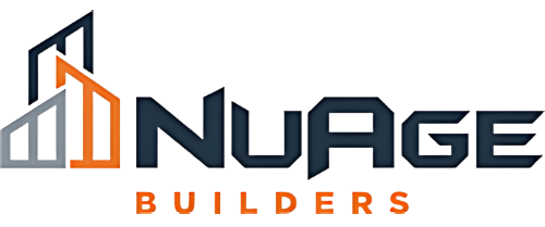 A logo for nuage builders with a building in the background.