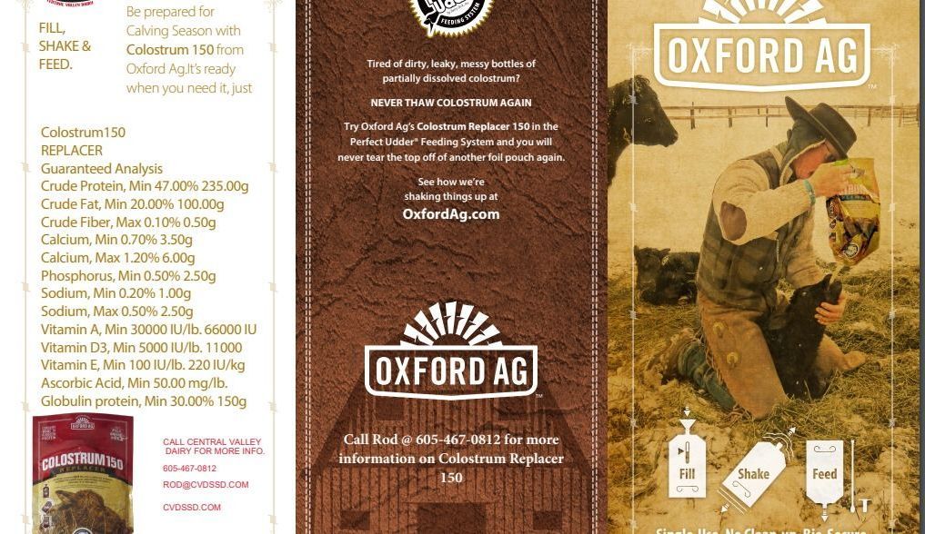 A brochure for oxford ag shows a man kneeling down next to a bag of food.