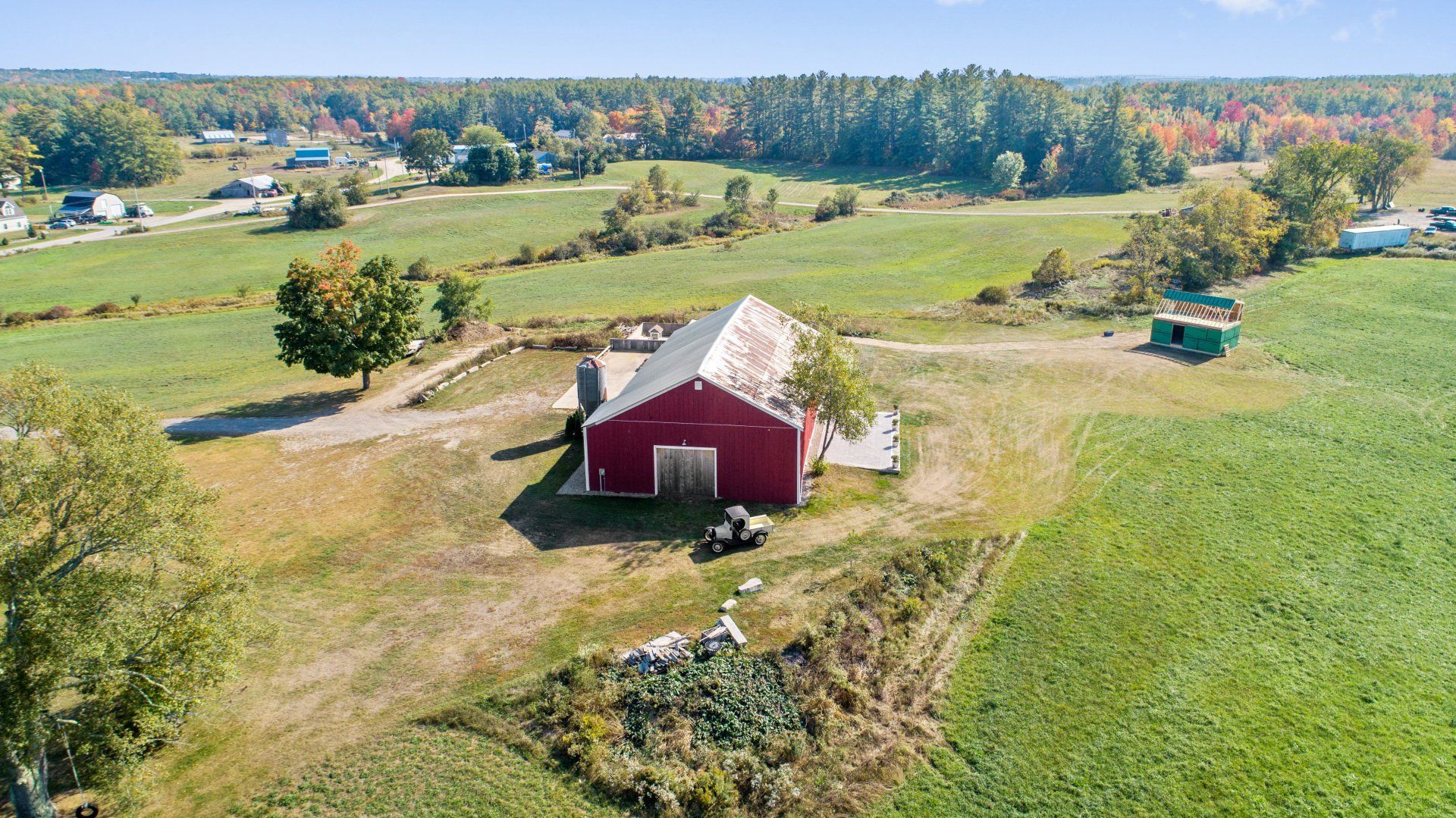 Front aerial view of the barn — Dayton, ME — This Old Barn