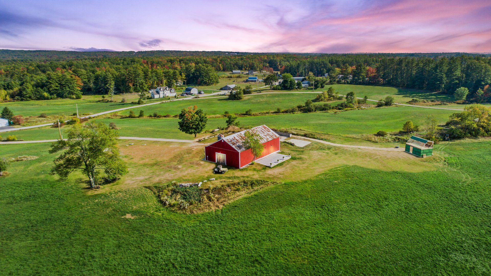 Sunset view of the barn and its fields — Dayton, ME — This Old Barn