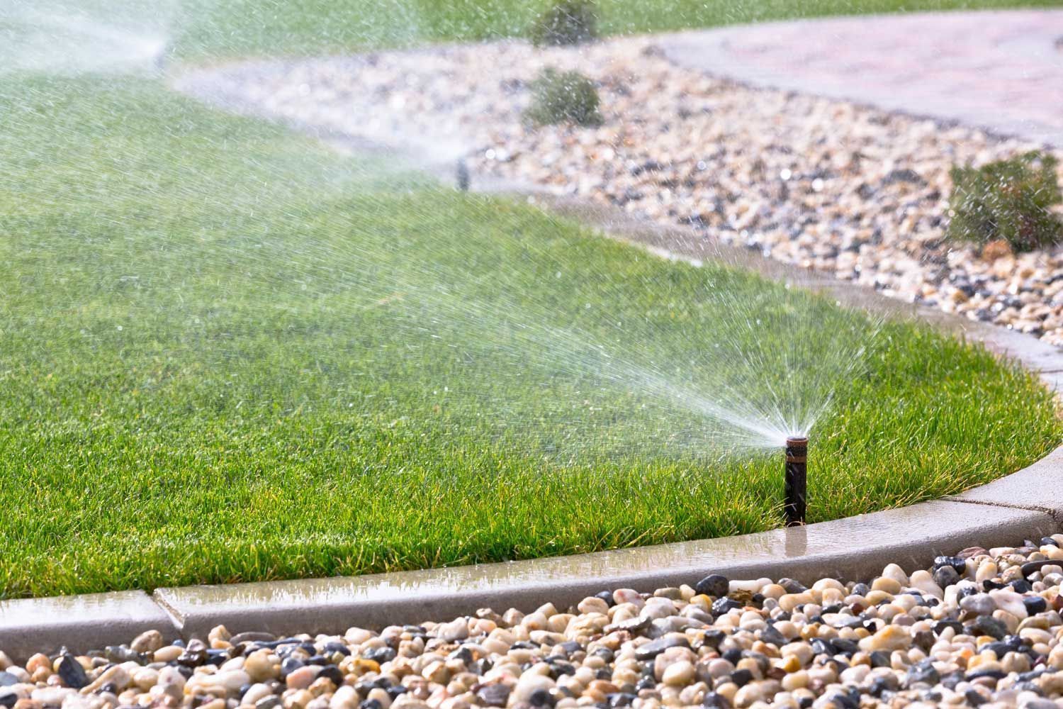 Sprinkler watering a green lawn beside a gravel path and curb