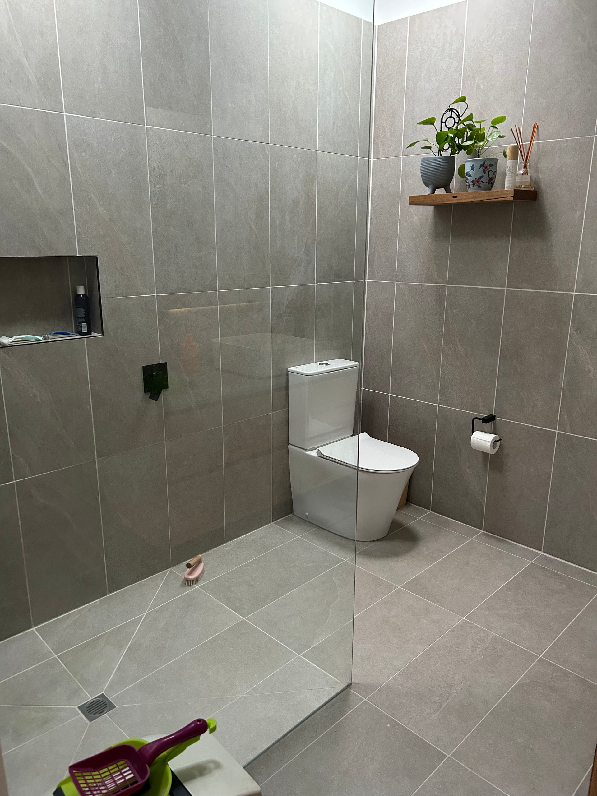 Modern tiled bathroom with a white toilet, glass shower ledge, and wall shelf with plants.