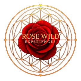 A logo for rose wild experiences with a red rose in the middle.