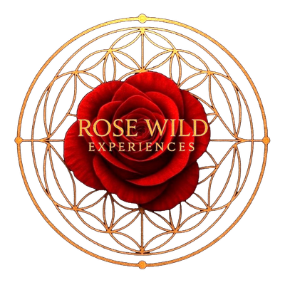 A logo for rose wild productions with a red rose in the center.
