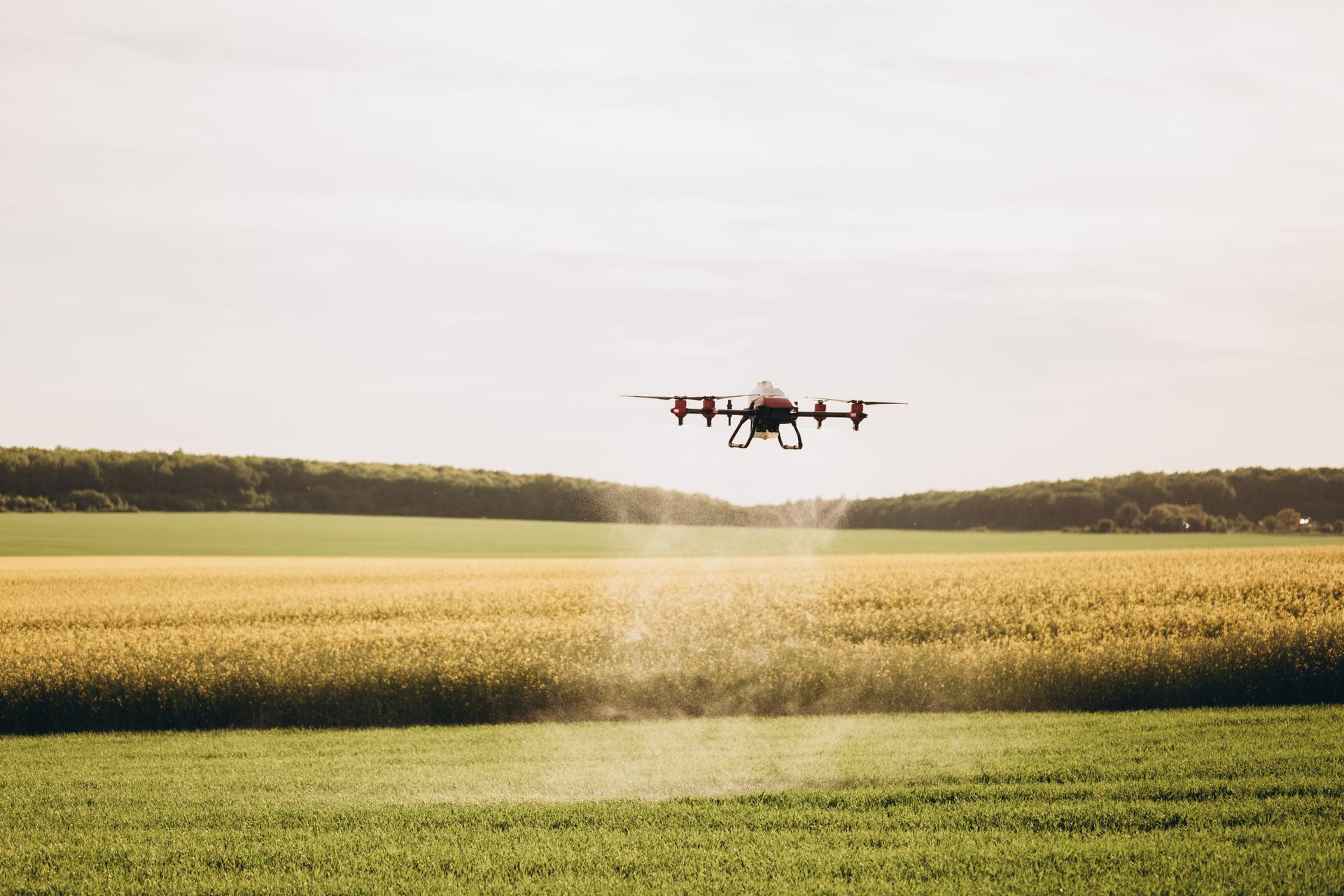 A drone is spraying fertilizer on a field.