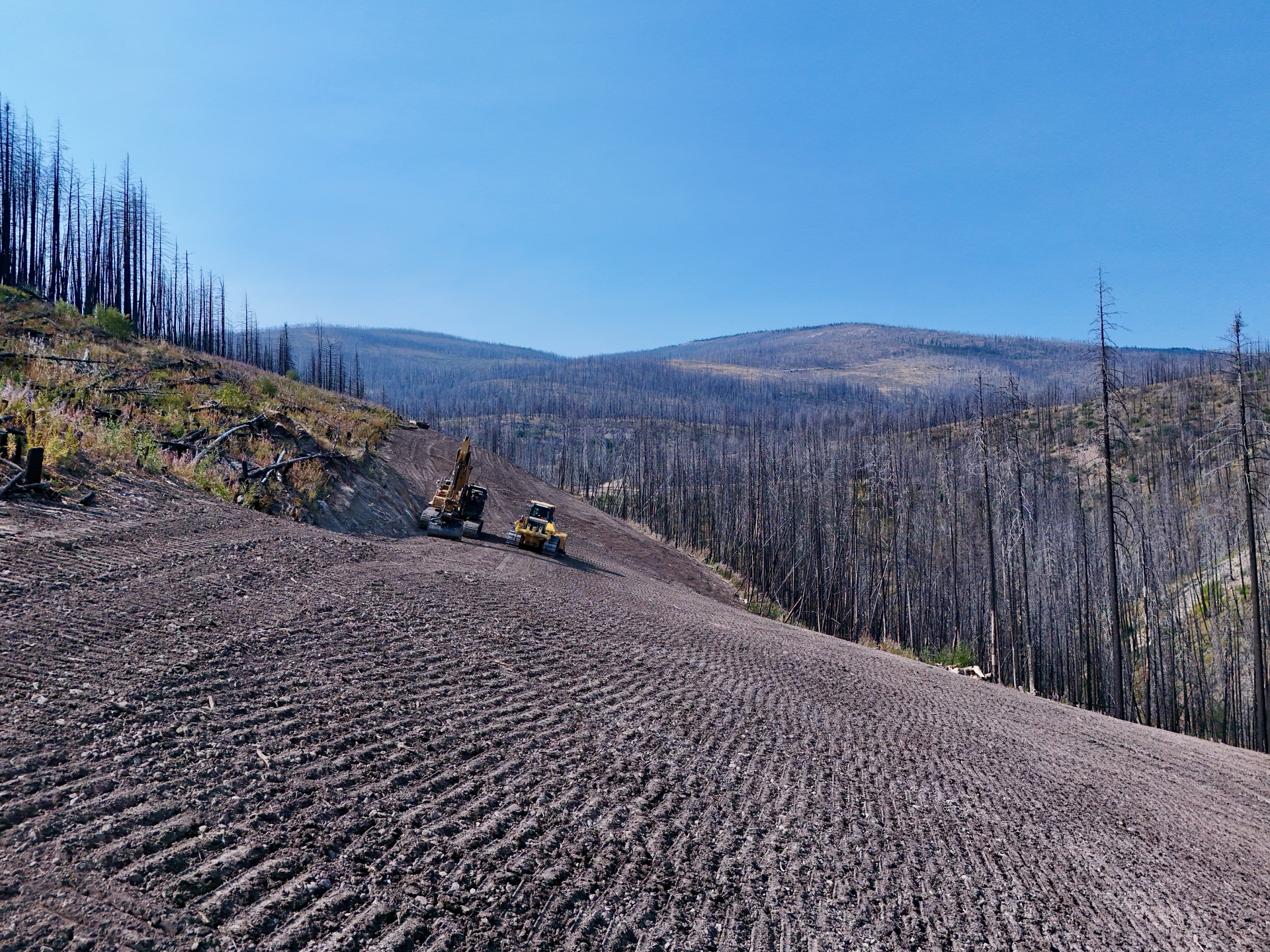 A drone is flying through the air in the woods.