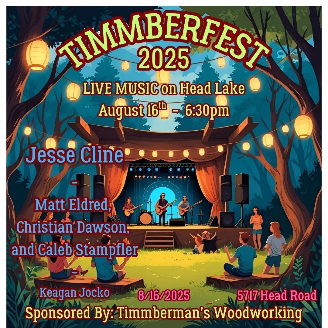 A poster for timmberfest with guitars and violins on a wooden table
