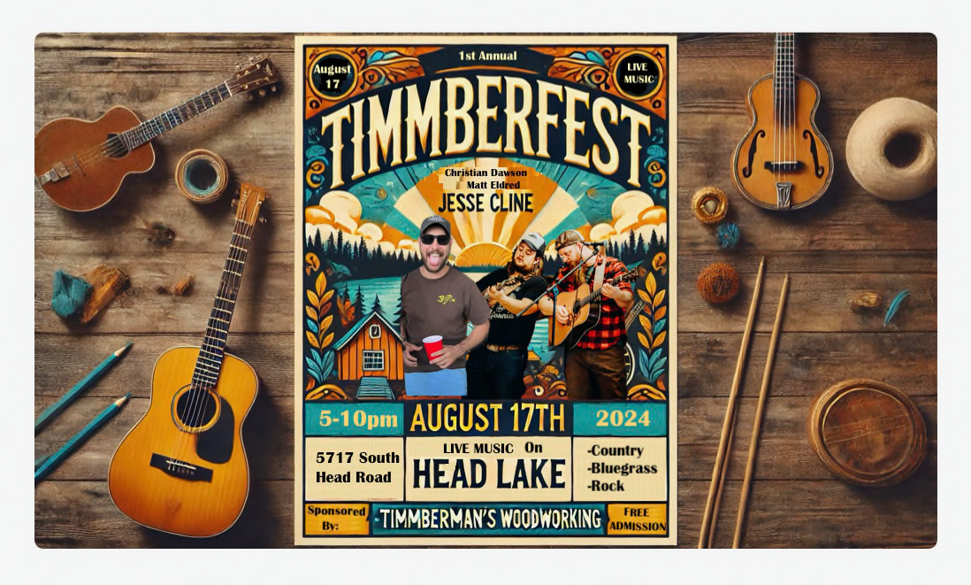 A poster for timmberfest with guitars and violins on a wooden table