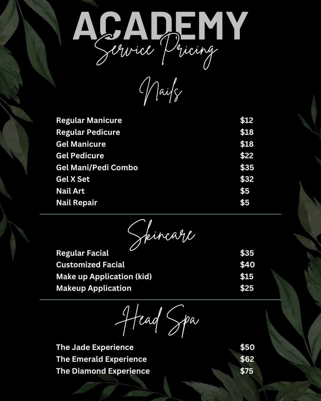 Price list for academy services: nails, skincare, and head spa treatments.