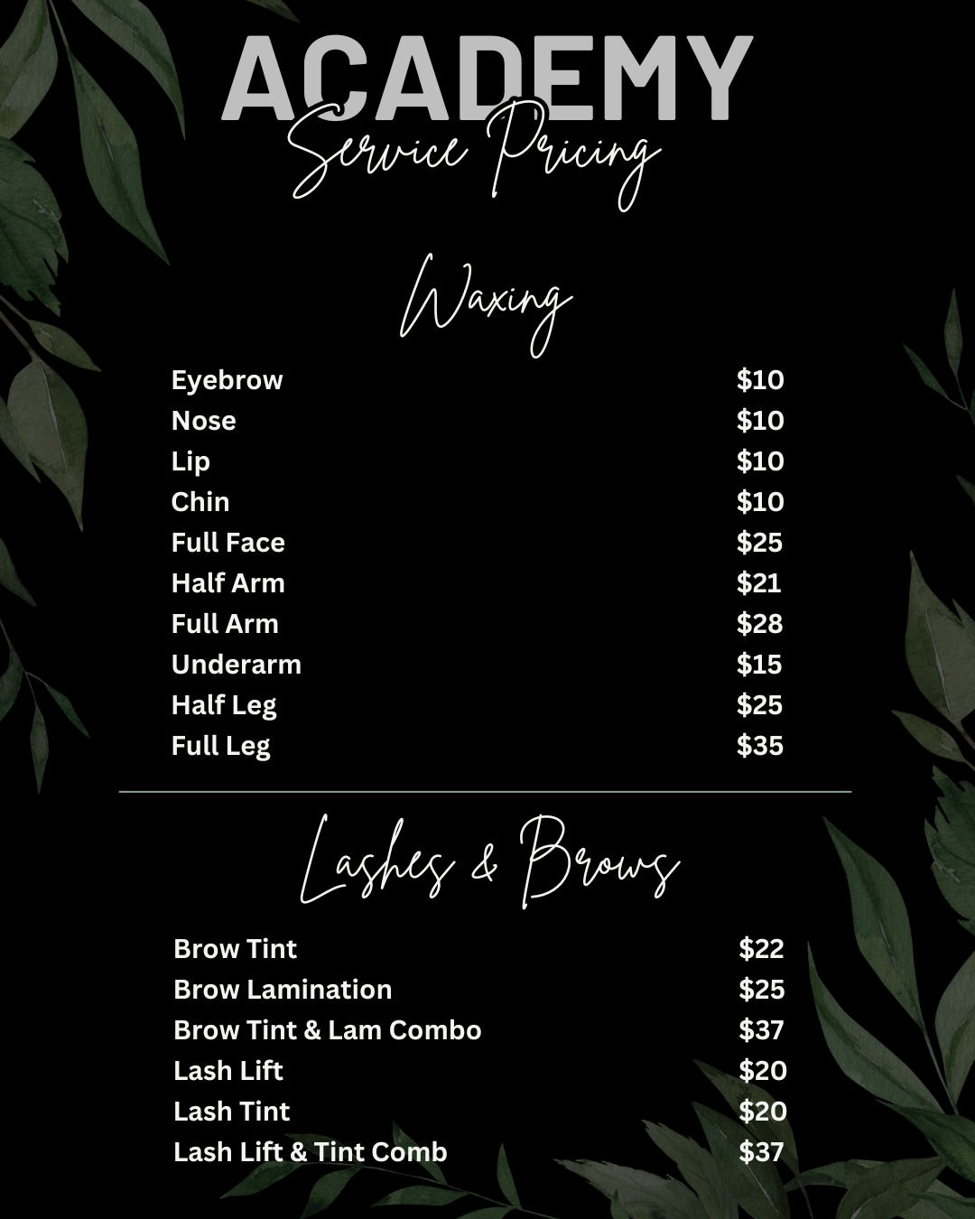 Price list for Academy services, including waxing, lashes, and brow treatments; black background.