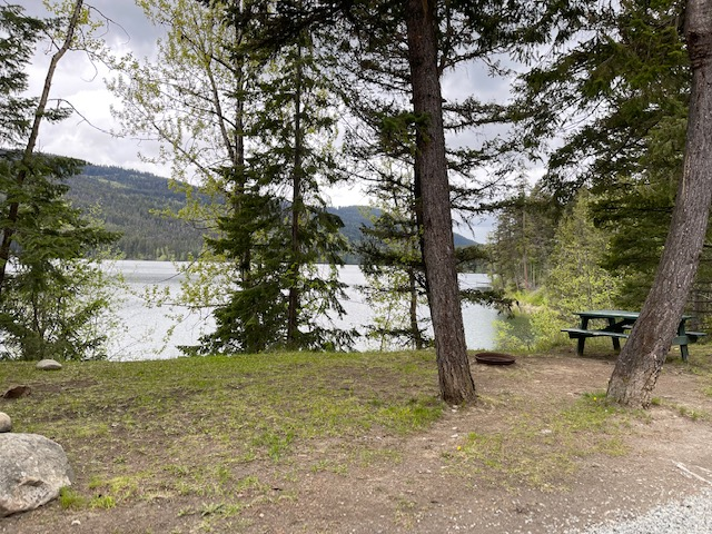 A picnic table is sitting on the shore of a lake surrounded by trees.