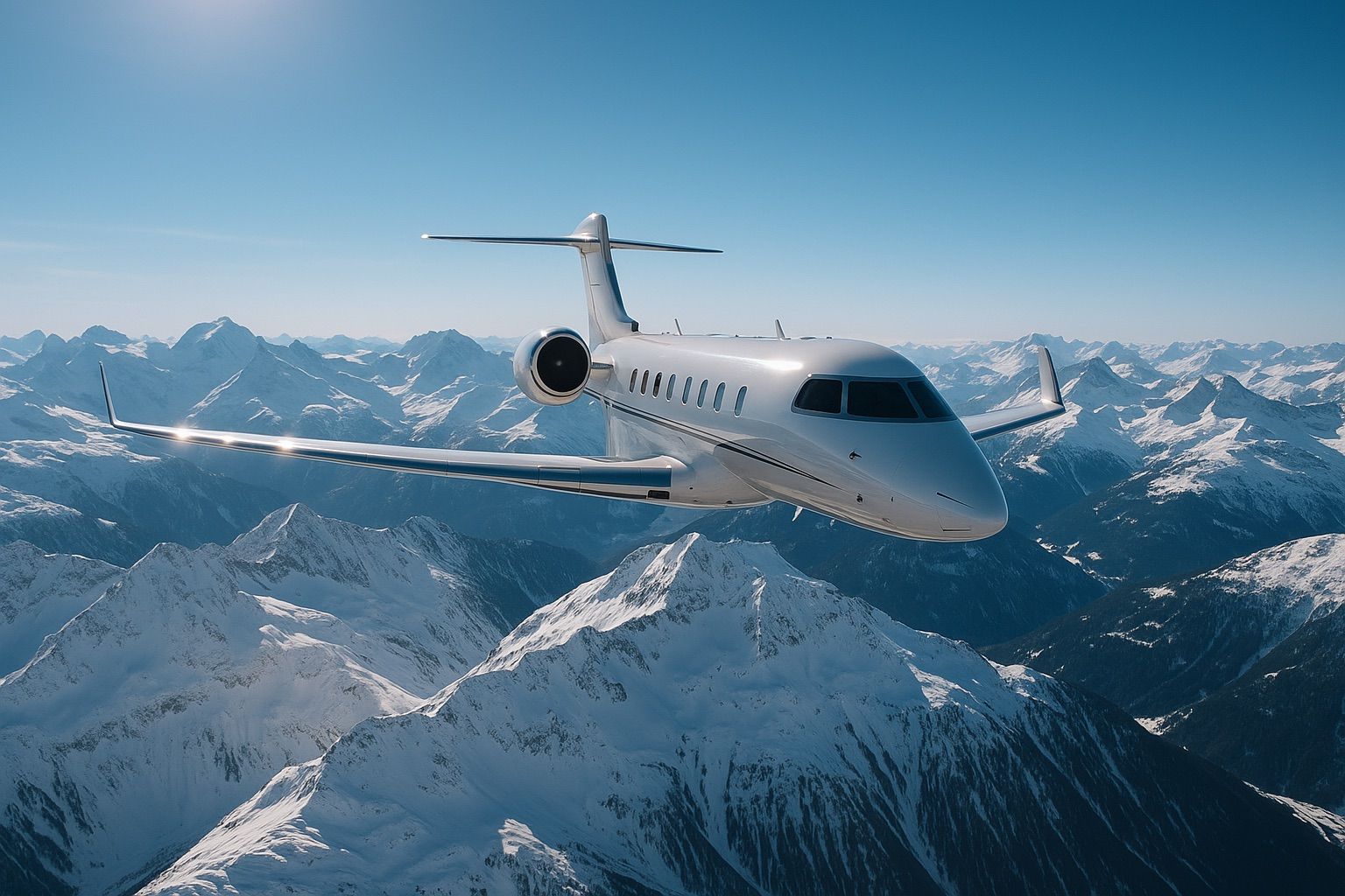 Ein kleines Flugzeug fliegt über eine schneebedeckte Bergkette.