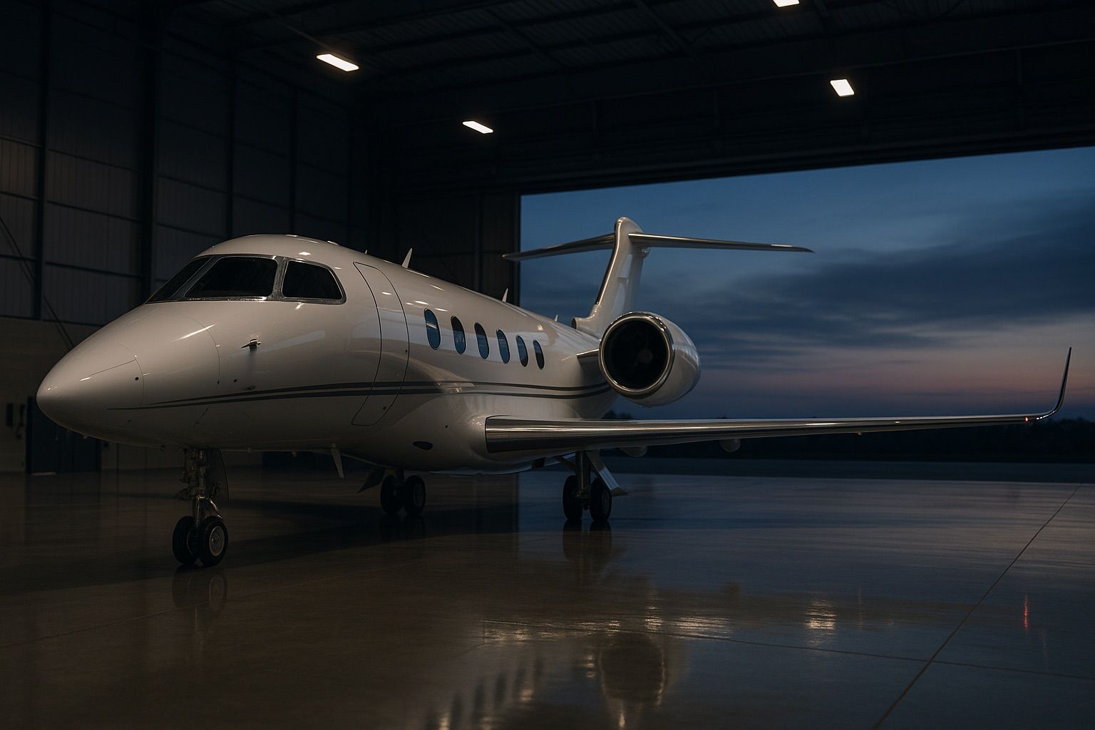 Ein Privatjet steht nachts in einem Hangar.