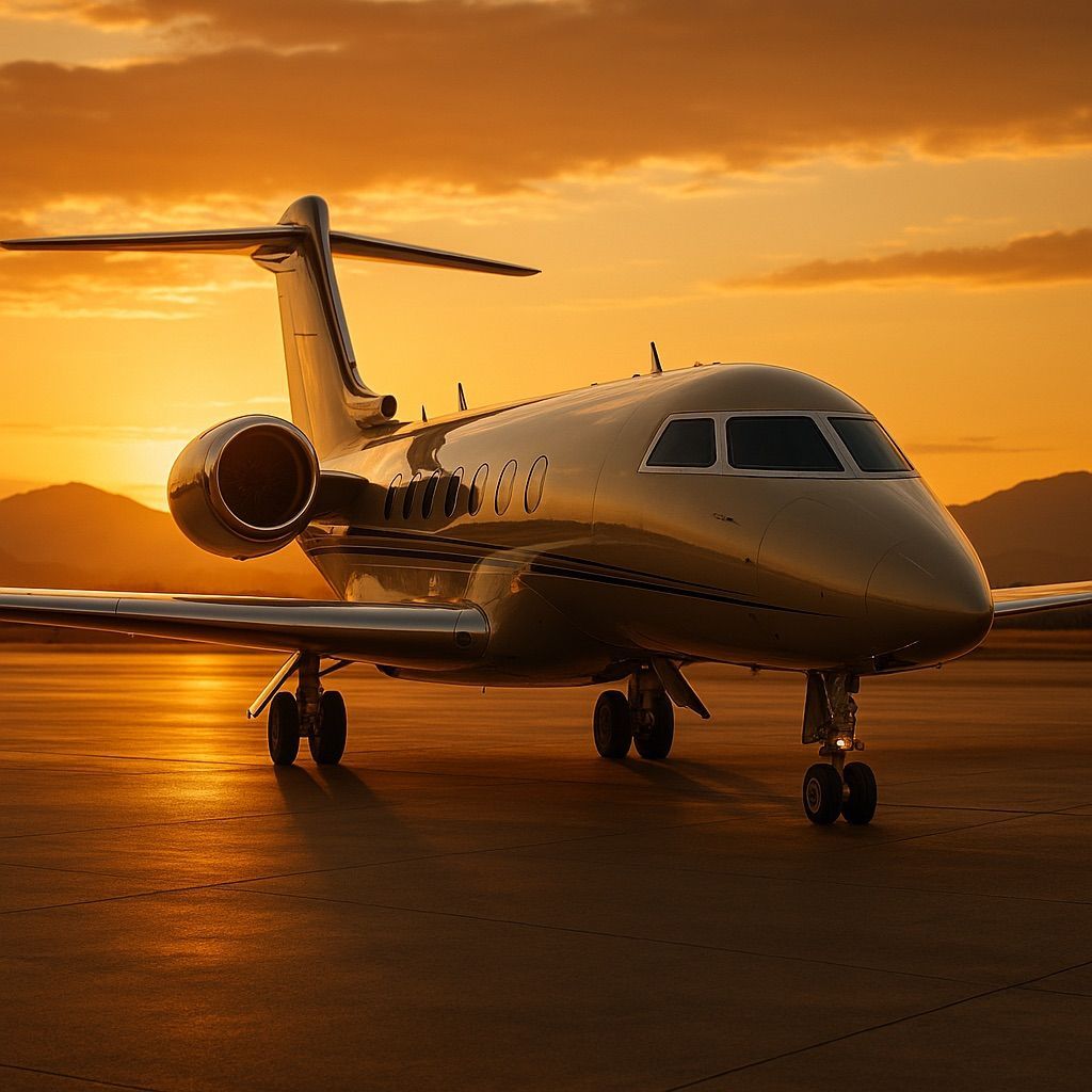 Ein Privatjet steht bei Sonnenuntergang auf einer Landebahn