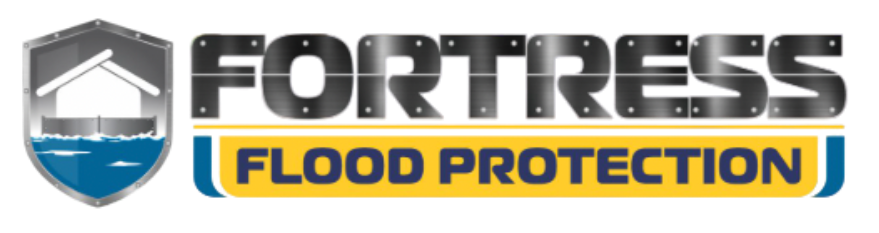 Logo for Fortress Flood Protection. Shield with house, checkmark; text is blue and yellow.